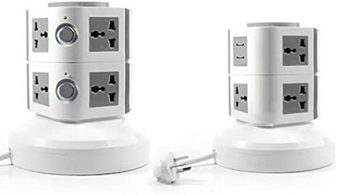 2-Layer Vertical Tower Extension Socket – Universal Multi Plug Power Strip with 2 USB Ports, 3M Cord, Surge and Overload Protection, UK/UAE Plug Charging Station (Grey/White)